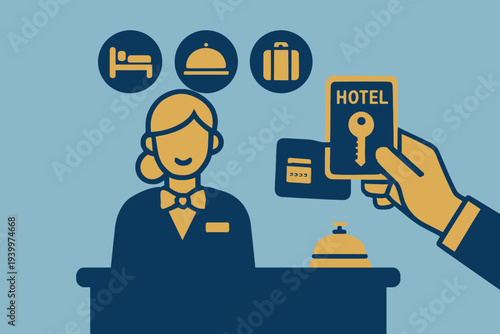 Hotel Receptionist Handling Key Card at Check-In Desk.