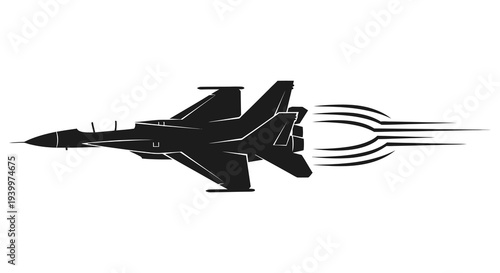 A sleek black fighter jet in dynamic flight leaving a trail of speed a striking silhouette