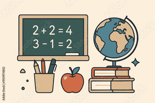 School Supplies and Learning Tools Illustration with Globe and Blackboard.