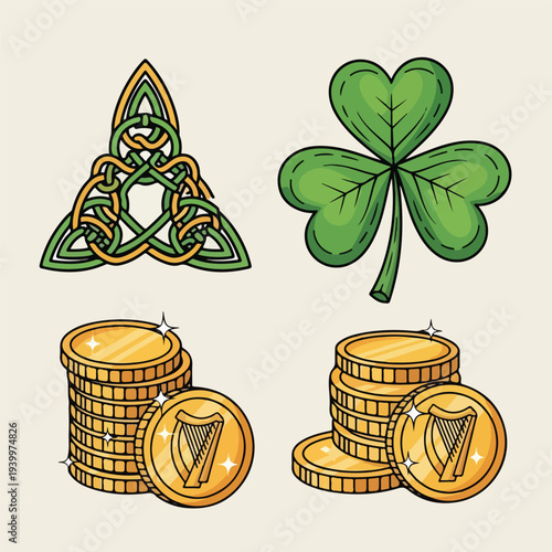 Illustration of Irish cultural symbols including a Celtic knot, a shamrock, and stacks of gold coins with harp emblems.