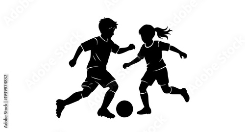 Children soccer game silhouette boy dribbling ball with girl running vector sports illustration isolated on white