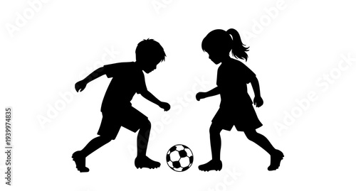 Kids playing soccer silhouette boy and girl competing for ball athletic vector illustration isolated on white
Keywords