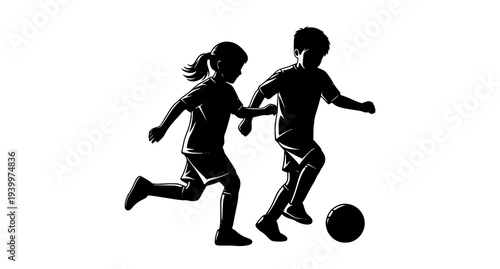 Boy and girl playing soccer silhouette vector children running with football isolated on white background