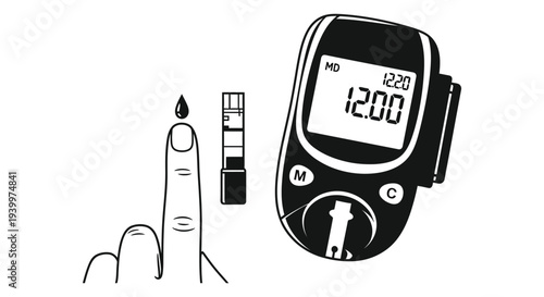 A black and white illustration depicting a glucose meter and finger prick a medical silhouette