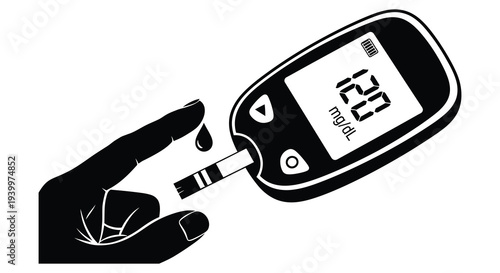 A hand holds a blood glucose meter displaying a reading of 120 mg dl detailed silhouette