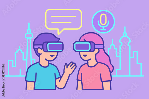 Two People Immersed in Virtual Reality with Headsets and Cityscape.