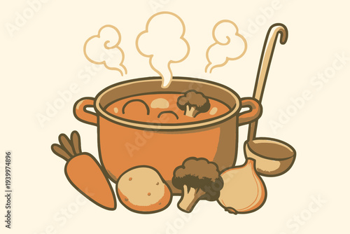 Vegetable Soup Pot with Ladle and Fresh Ingredients Illustration.