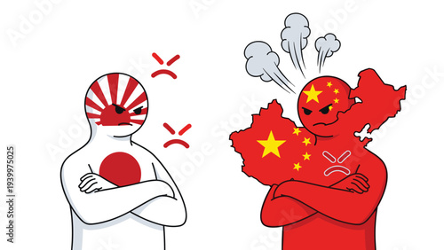 Two silhouette figures representing Japan and China stand with their arms crossed in a tense and angry confrontation.