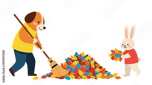 Dog wearing clothes using a broom to sweep colorful autumn leaves into a pile while a rabbit helps by carrying a handful.