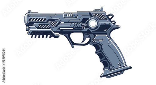 A futuristic stylized blaster pistol rendered in shades of blue exhibiting a striking silhouette high quality