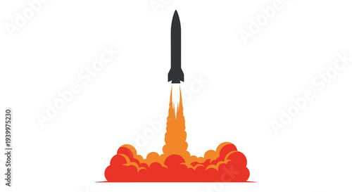 A powerful rocket launches with fiery exhaust trails against a clean white background silhouette high quality