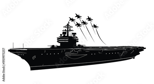 A striking black silhouette of an aircraft carrier with fighter jets taking off silhouette high quality