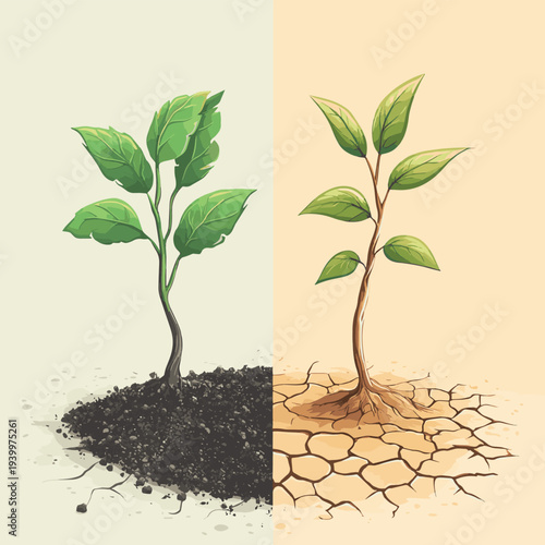 Environmental comparison of a green plant in moist soil versus a withered plant in cracked dry earth during a severe drought. , vector style simple color