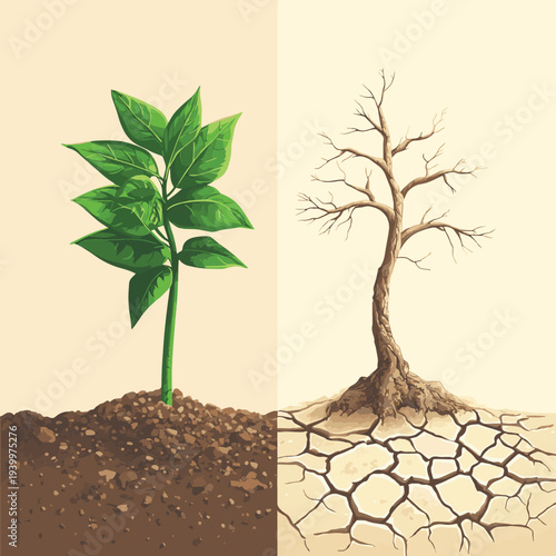 Environmental comparison of a green plant in moist soil versus a withered plant in cracked dry earth during a severe drought. , vector style simple color
