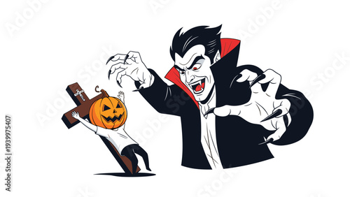 Menacing vampire with sharp claws reaching towards a person with a pumpkin head who is tied to a wooden cross.