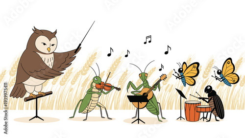 Wise owl conductor leading a group of insects playing instruments in a golden wheat field under a clear white sky.