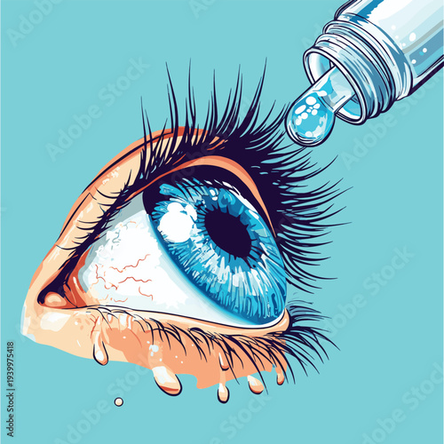 Close-up illustration of a blue eye receiving medical drops from a plastic bottle to treat irritation, dryness, or infection. , vector style simple color