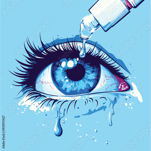 Close-up illustration of a blue eye receiving medical drops from a plastic bottle to treat irritation, dryness, or infection. , vector style simple color
