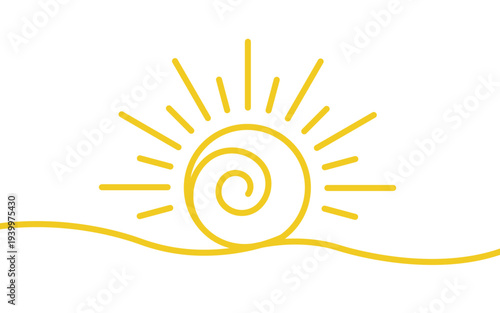 Minimalist yellow line art illustration depicting a stylized sun with a spiral center rising or setting over a wavy horizon, symbolizing new beginnings, warmth, or nature.