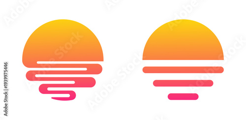 Two modern gradient sunsetsunrise icons with horizontal lines, one wavy and one straight. Ideal for branding, travel, summer, or relaxation themes.