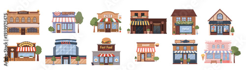 various flat urban building icons set isolated municipal