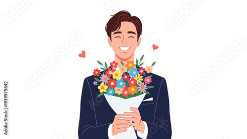 Cheerful man in a formal suit smiling brightly while holding a large, colorful bouquet of flowers and surrounded by floating hearts.