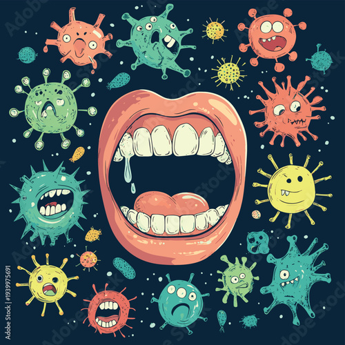 Educational illustration showing bad breath coming from a mouth surrounded by various virus and bacteria characters. , vector style simple color