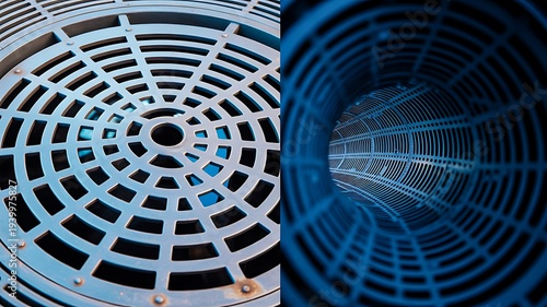 Wallpaper Mural Abstract futuristic blue tunnel grid pattern with circular geometric technology background Torontodigital.ca