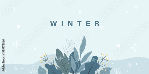 Minimalist winter background with WINTER text, delicate snowflakes, and frosted abstract plant foliage. Perfect for seasonal greetings, banners, or festive digital projects.