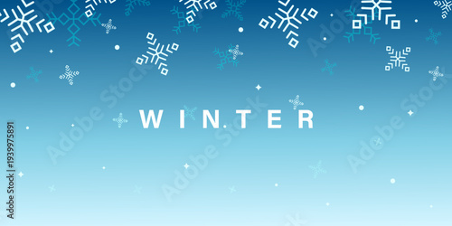 Clean blue gradient background featuring the word WINTER in white, adorned with various graphic snowflakes, dots, and stars. Ideal for seasonal greetings, banners, and digital designs.