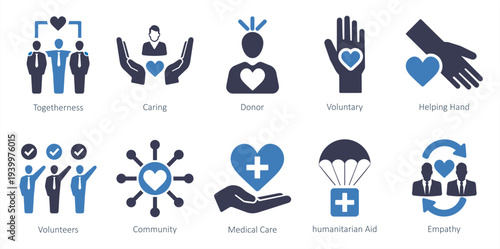 set of charity and donation icons as voluntary helping