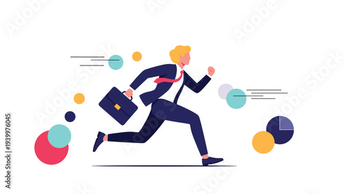 Ambitious businessman in a suit sprinting forward past various abstract data and chart elements representing career milestones.