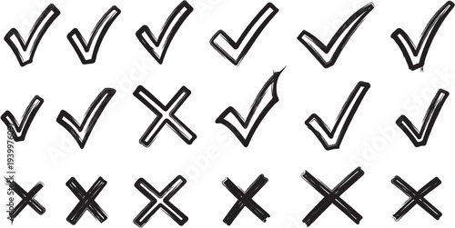 Hand Drawn Check Marks and Crosses in Black Ink symbols