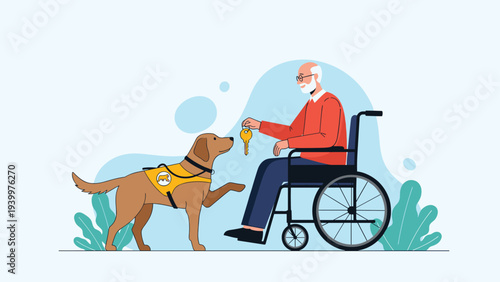 Trained service dog handing a set of keys to an elderly man sitting in a wheelchair against a soft blue background.