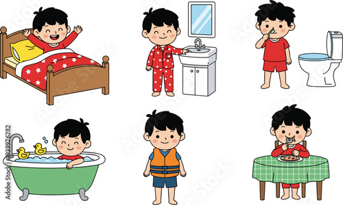 Cute little boy daily morning routine activities set including waking up in bed, washing face, brushing teeth, taking bath, wearing life jacket, and eating breakfast.