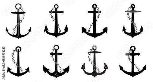 Anchor with chain icons set. Marine and nautical emblems collection.