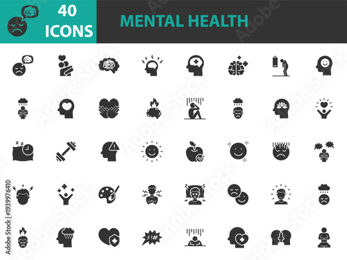 set of mental health icons, negative thinking, positive thinking, stress