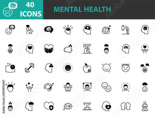 set of mental health icons, negative thinking, positive thinking, stress
