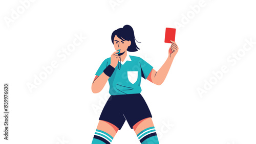 Serious female sports official blowing her whistle and holding a red card high to penalize a player during a match.