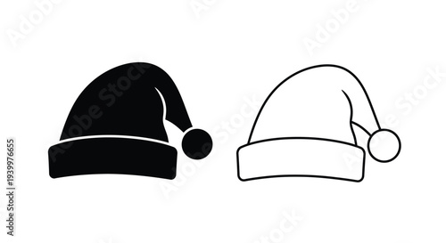 Two santa hats one filled and one outlined in black and white