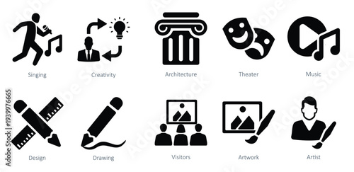 set of art icons as architecture theater music
