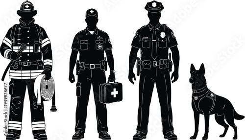 First Responders Silhouette Set Featuring Firefighter with Hose, Paramedic with Medical Kit, Police Officer in Uniform, and K9 Police Dog Isolated on White Background Vector (25