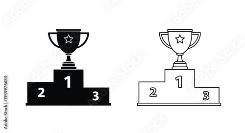 Black and white illustration of trophy awards on podium platforms