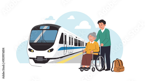 Helpful young man pushing an elderly woman in a wheelchair along a platform next to a modern high-speed train.