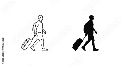 A man walking with a rolling suitcase shown in line art and silhouette