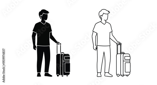 Two minimalist figures with luggage one solid and one outlined