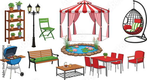 Garden furniture set with outdoor patio decor vector illustration, including wooden bench, barbecue grill, gazebo tent, pond, hanging chair, and potted plants on white.