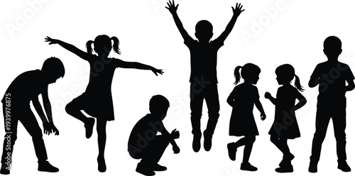 Black silhouettes of happy children jumping, playing, and dancing in a group, representing childhood joy, active youth, and elementary school friends on white background