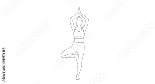 Woman performing tree pose yoga depicted as a simple line drawing