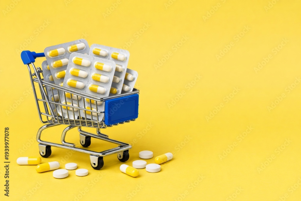 custom made wallpaper toronto digitalShopping cart with medicine capsules on yellow background. Ai generative